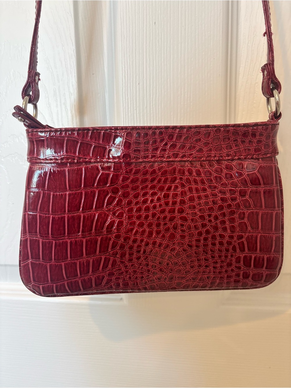 Cranberry Red Croc-Embossed Shoulder Bag